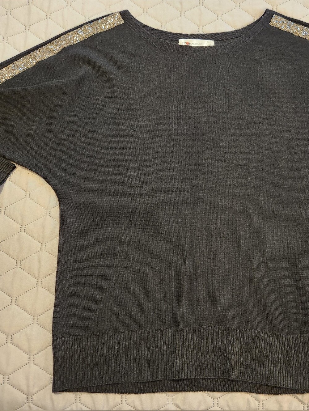 89th & Madison Black Off-Shoulder Sweater with Gold Sequin Trim